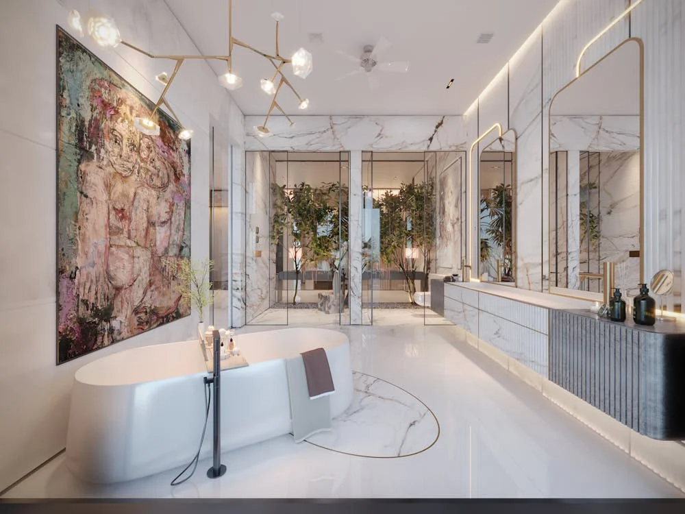 Modern luxury bathroom renovation with marble finishes and gold fixtures